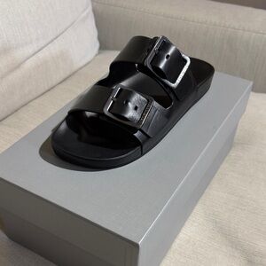Balenciaga Black Slide Sandals with Silver Buckles